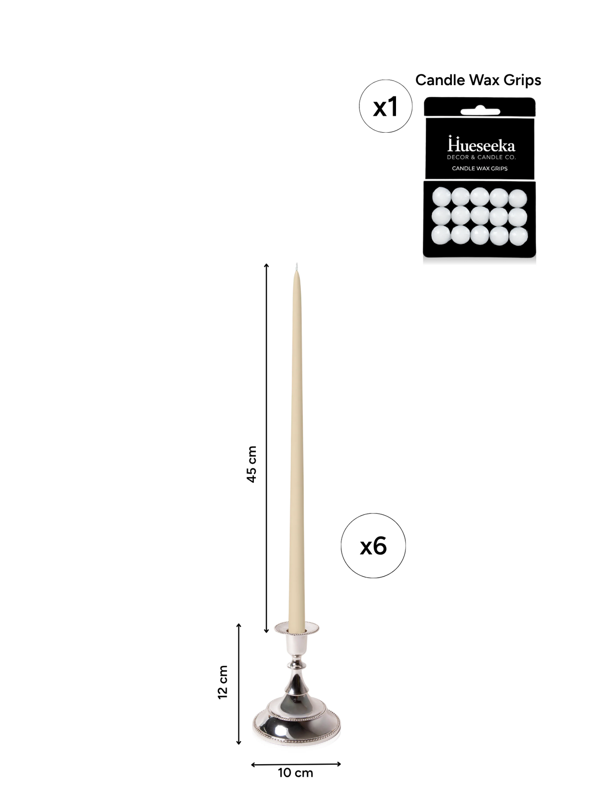 Sandstone 45cm Taper Candles with Small Antique Silver Juliette Candle Holders - Set of 6