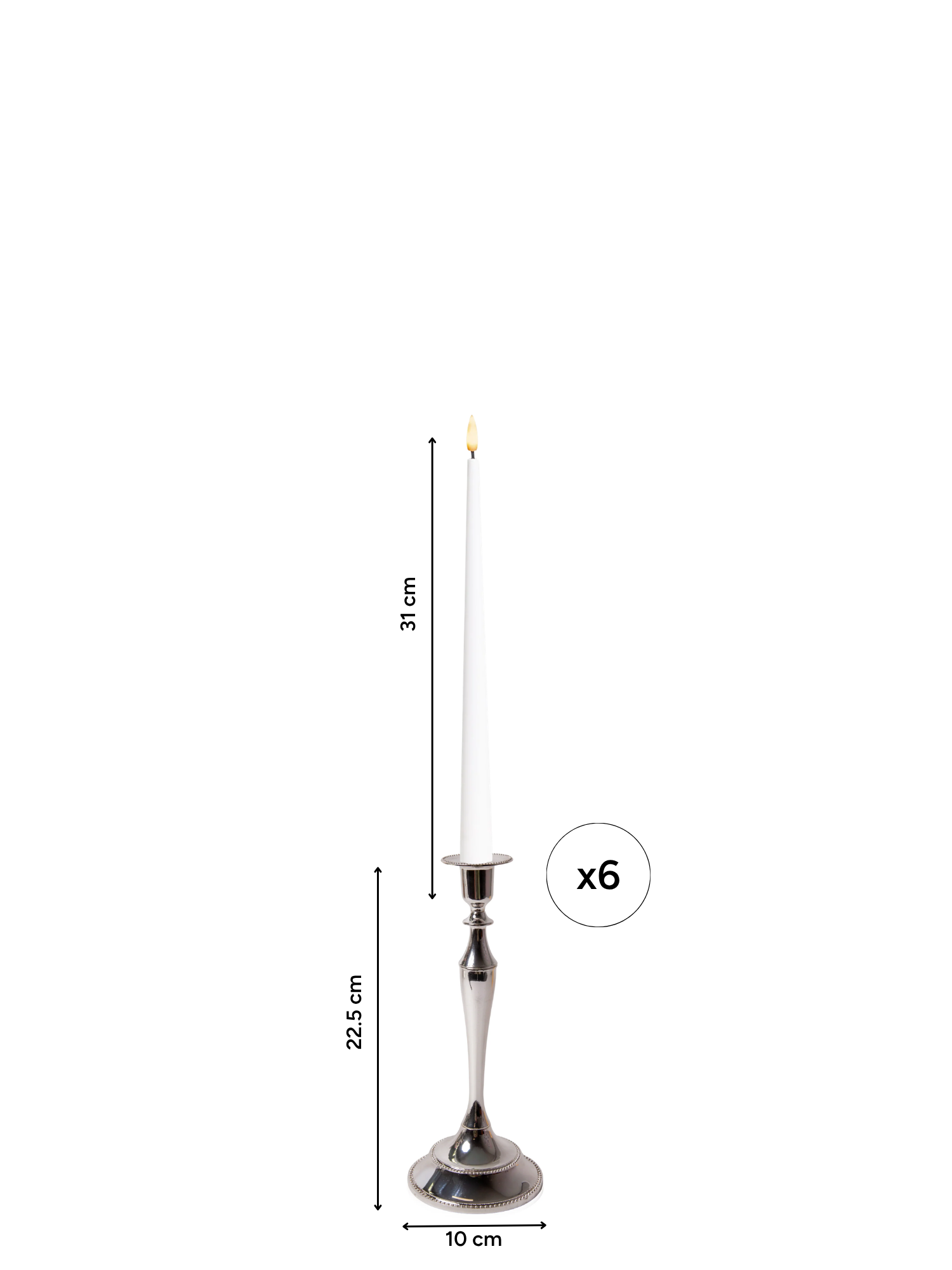 White 31cm LED Taper Candles with Medium Antique Silver Juliette Candle Holders - Set of 6