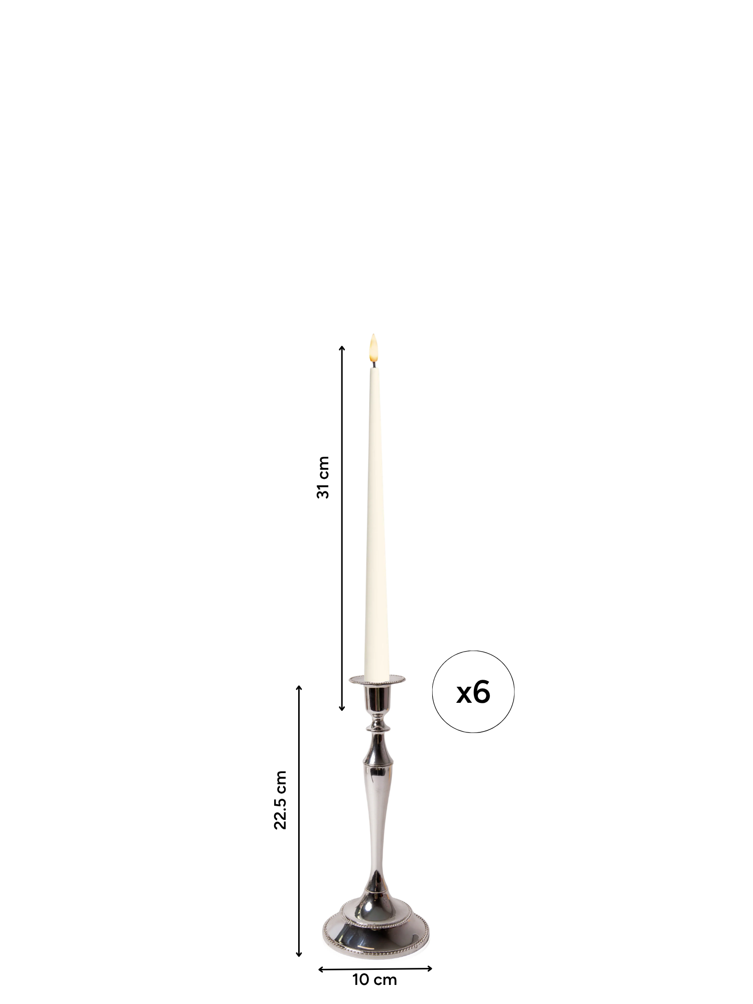 Ivory 31cm LED Taper Candles with Medium Antique Silver Juliette Candle Holders - Set of 6