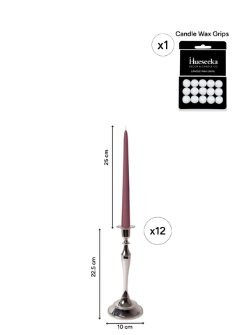 Burgundy 25cm Taper Candles with Medium Antique Silver Juliette Candle Holders - Set of 12 Pack of 12