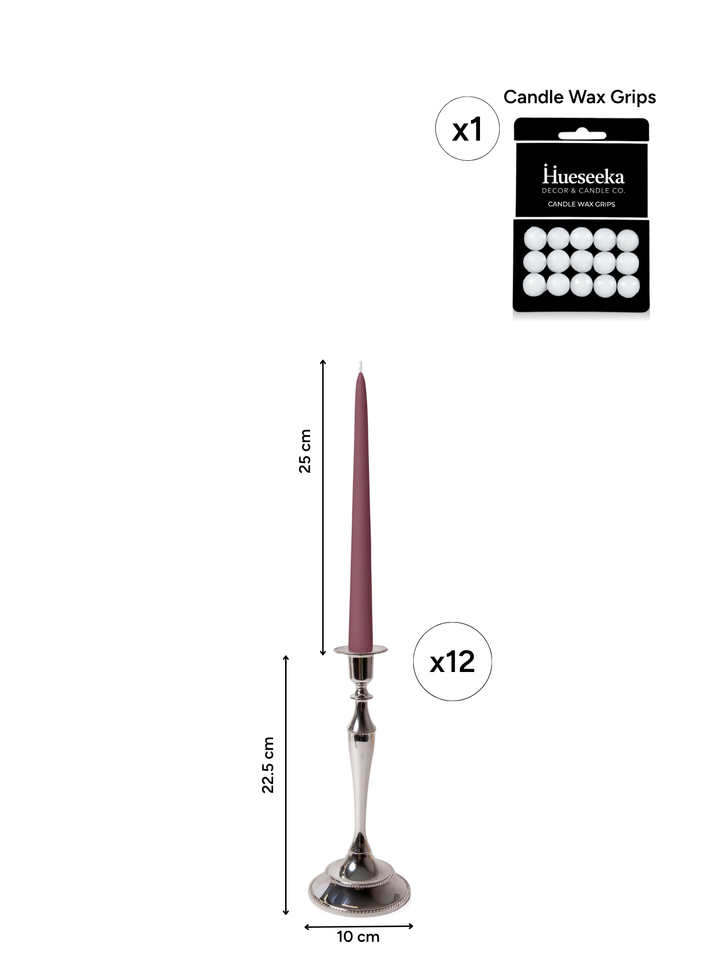 Burgundy 25cm Taper Candles with Medium Antique Silver Juliette Candle Holders - Set of 12 Pack of 12
