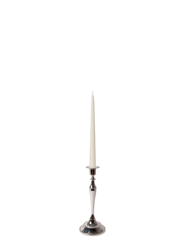Ivory 25cm Taper Candles with Medium Antique Silver Juliette Candle Holders - Set of 12 Pack of 12
