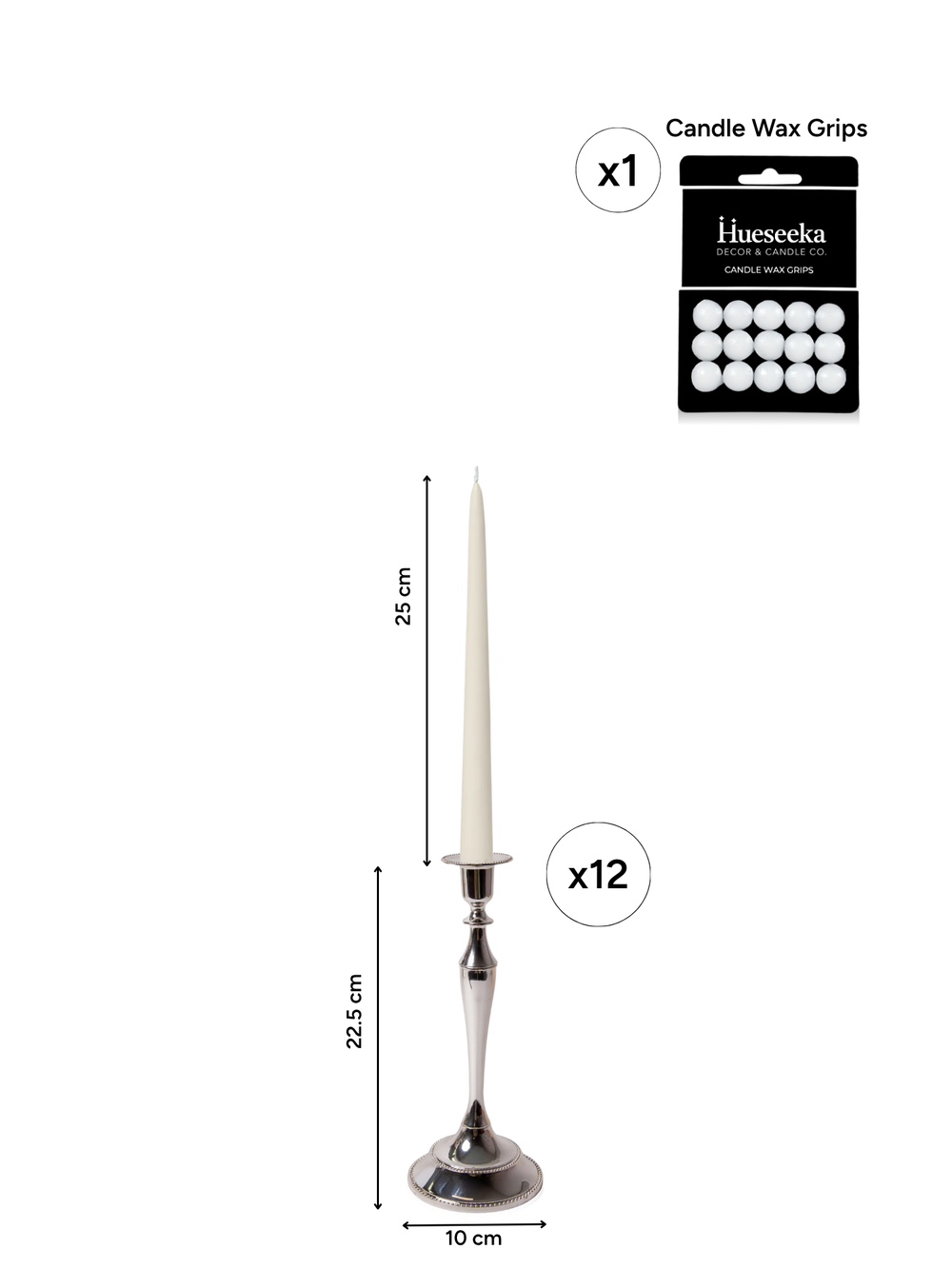 Ivory 25cm Taper Candles with Medium Antique Silver Juliette Candle Holders - Set of 12 Pack of 12