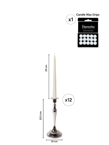 Ivory 25cm Taper Candles with Medium Antique Silver Juliette Candle Holders - Set of 12 Pack of 12