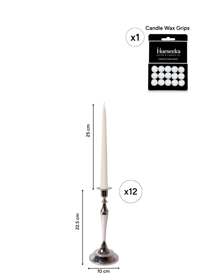 Ivory 25cm Taper Candles with Medium Antique Silver Juliette Candle Holders - Set of 12 Pack of 12