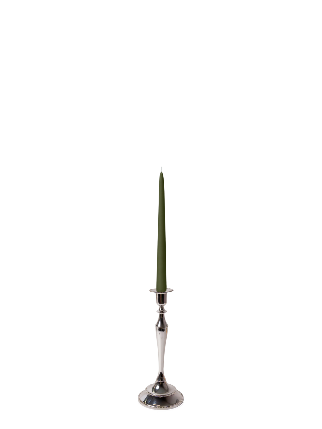 Olive 25cm Taper Candles with Medium Antique Silver Juliette Candle Holders - Set of 12 Pack of 12