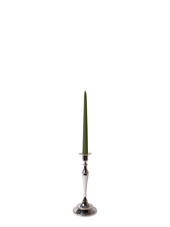 Olive 25cm Taper Candles with Medium Antique Silver Juliette Candle Holders - Set of 12 Pack of 12