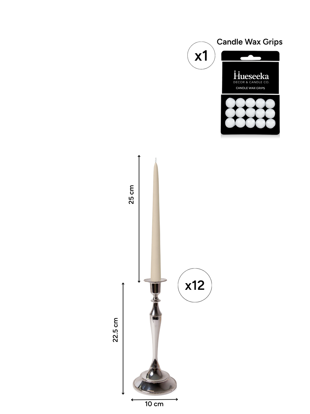 Sandstone 25cm Taper Candles with Medium Antique Silver Juliette Candle Holders - Set of 12 Pack of 12