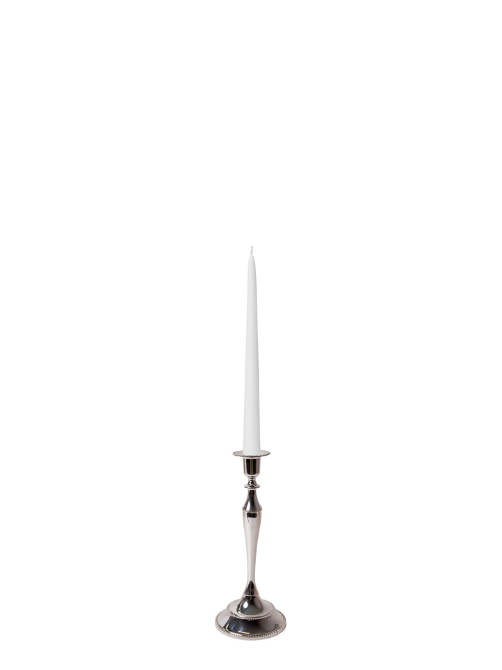 White 25cm Taper Candles with Medium Antique Silver Juliette Candle Holders - Set of 12 Pack of 12