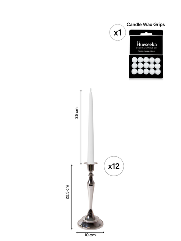 White 25cm Taper Candles with Medium Antique Silver Juliette Candle Holders - Set of 12 Pack of 12