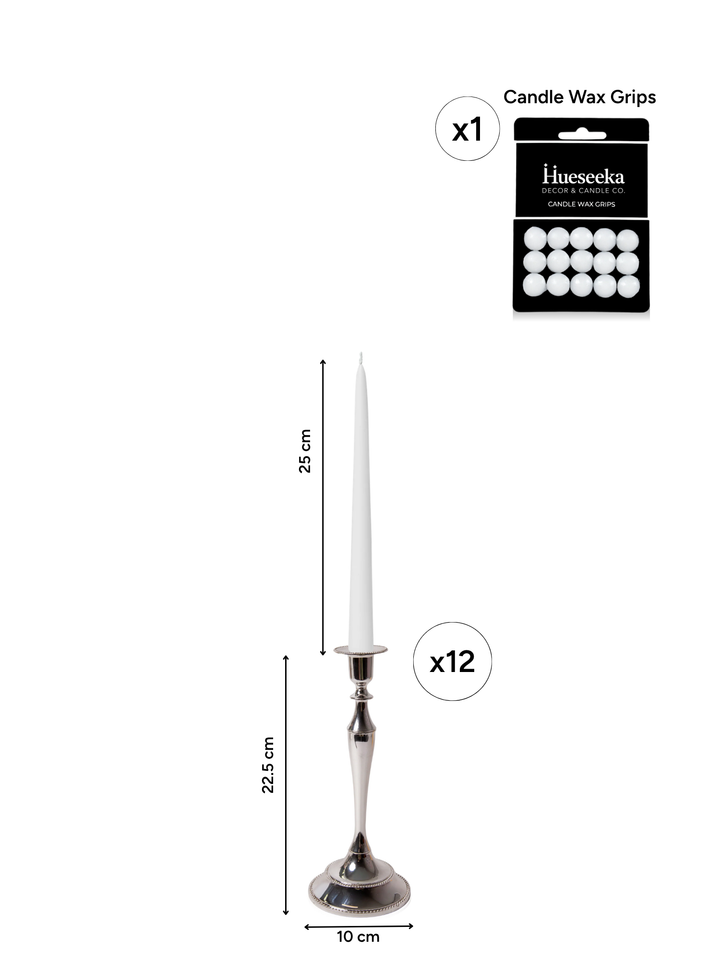 White 25cm Taper Candles with Medium Antique Silver Juliette Candle Holders - Set of 12 Pack of 12
