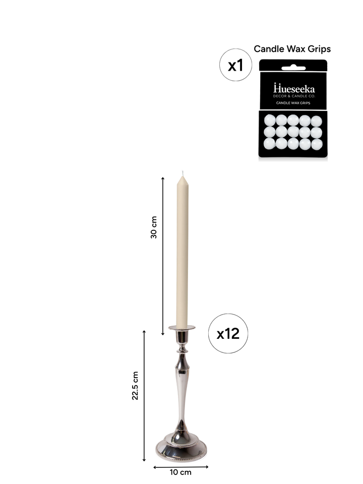 Sandstone 30cm Dinner Candles with Medium Antique Silver Juliette Candle Holders - Set of 12 Pack of 12