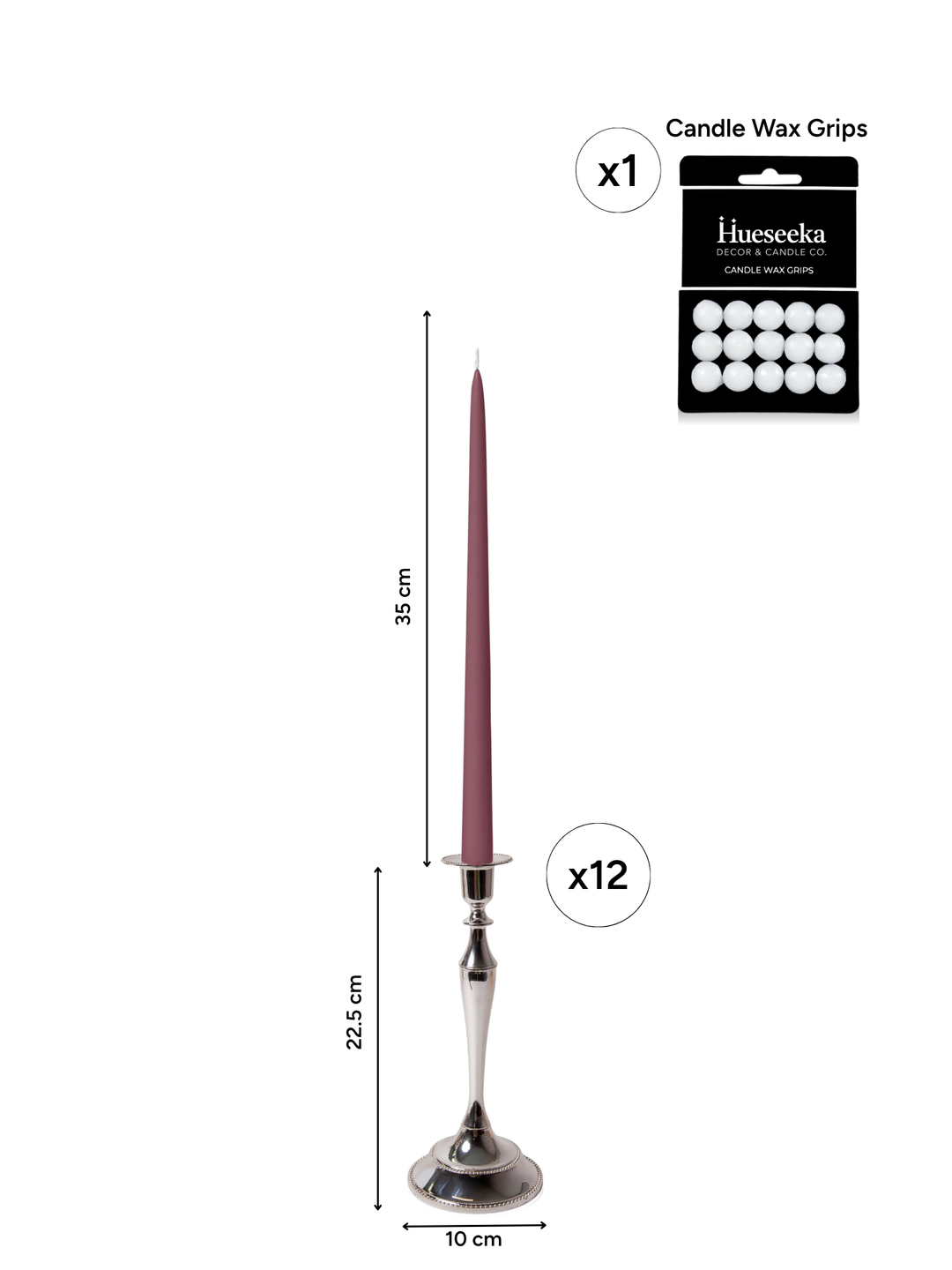 Burgundy 35cm Taper Candles with Medium Antique Silver Juliette Candle Holders - Set of 12 Pack of 12