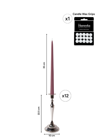 Burgundy 35cm Taper Candles with Medium Antique Silver Juliette Candle Holders - Set of 12 Pack of 12