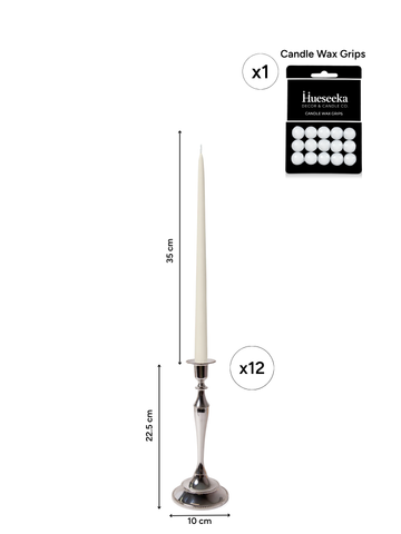 Ivory 35cm Taper Candles with Medium Antique Silver Juliette Candle Holders - Set of 12 Pack of 12