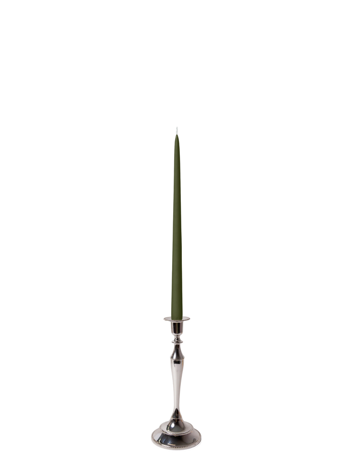 Olive 35cm Taper Candles with Medium Antique Silver Juliette Candle Holders - Set of 12 Pack of 12