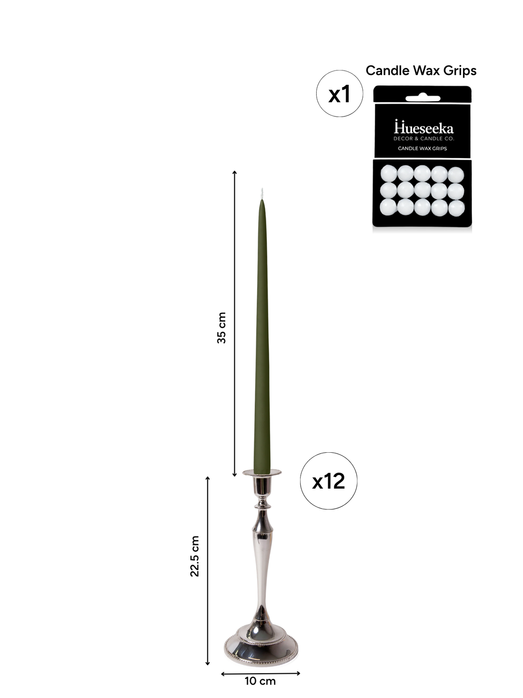Olive 35cm Taper Candles with Medium Antique Silver Juliette Candle Holders - Set of 12 Pack of 12