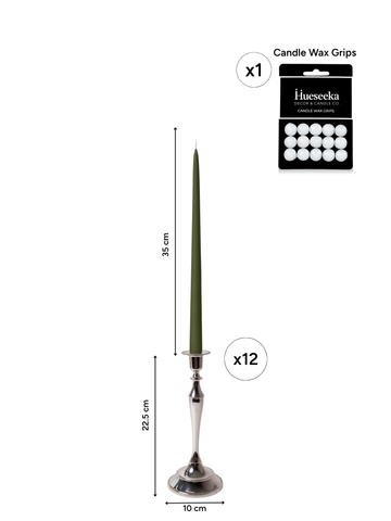 Olive 35cm Taper Candles with Medium Antique Silver Juliette Candle Holders - Set of 12 Pack of 12