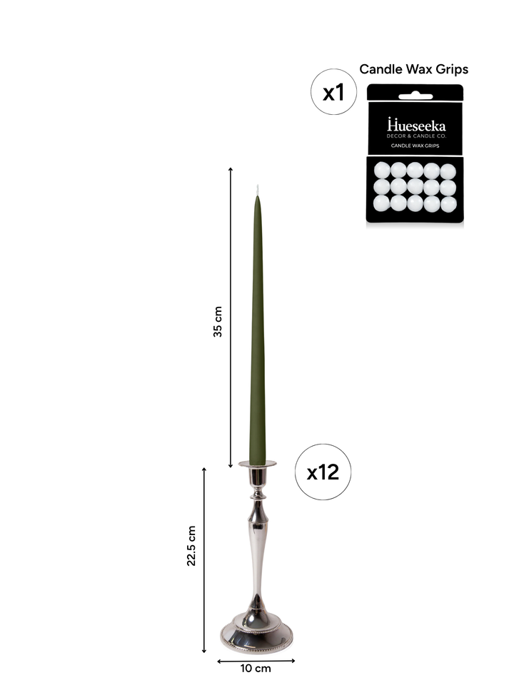 Olive 35cm Taper Candles with Medium Antique Silver Juliette Candle Holders - Set of 12 Pack of 12