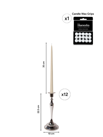 Sandstone 35cm Taper Candles with Medium Antique Silver Juliette Candle Holders - Set of 12 Pack of 12
