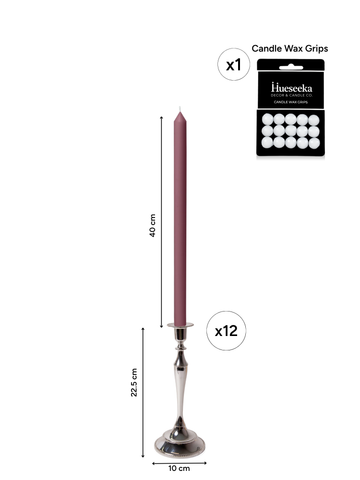 Burgundy 40cm Dinner Candles with Medium Antique Silver Juliette Candle Holders - Set of 12 Pack of 12