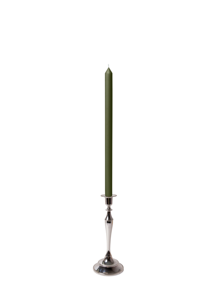 Olive 40cm Dinner Candles with Medium Antique Silver Juliette Candle Holders - Set of 12 Pack of 12