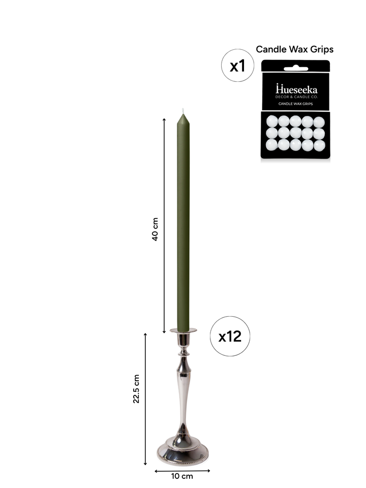 Olive 40cm Dinner Candles with Medium Antique Silver Juliette Candle Holders - Set of 12 Pack of 12