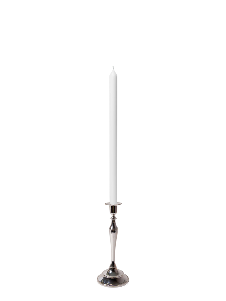 White 40cm Dinner Candles with Medium Antique Silver Juliette Candle Holders - Set of 12 Pack of 12