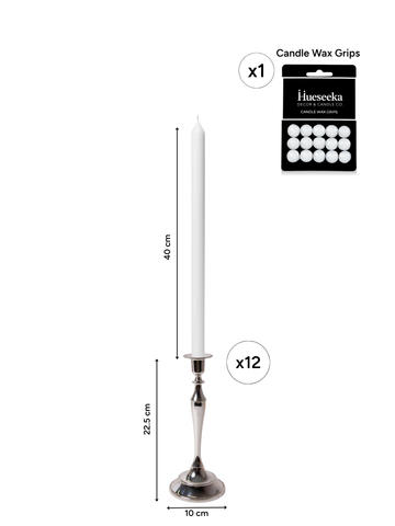 White 40cm Dinner Candles with Medium Antique Silver Juliette Candle Holders - Set of 12 Pack of 12