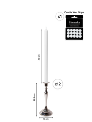 White 40cm Dinner Candles with Medium Antique Silver Juliette Candle Holders - Set of 12 Pack of 12