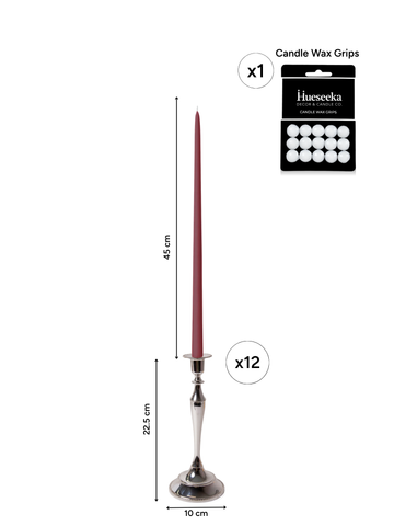Burgundy 45cm Taper Candles with Medium Antique Silver Juliette Candle Holders - Set of 6 Pack of 6