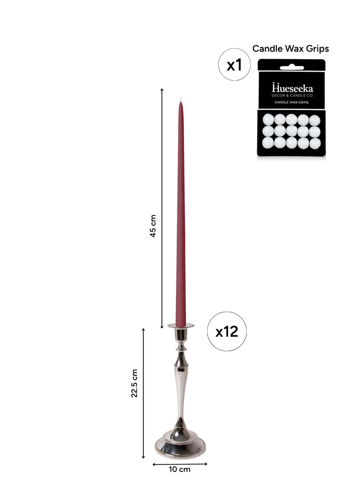 Burgundy 45cm Taper Candles with Medium Antique Silver Juliette Candle Holders - Set of 6 Pack of 6