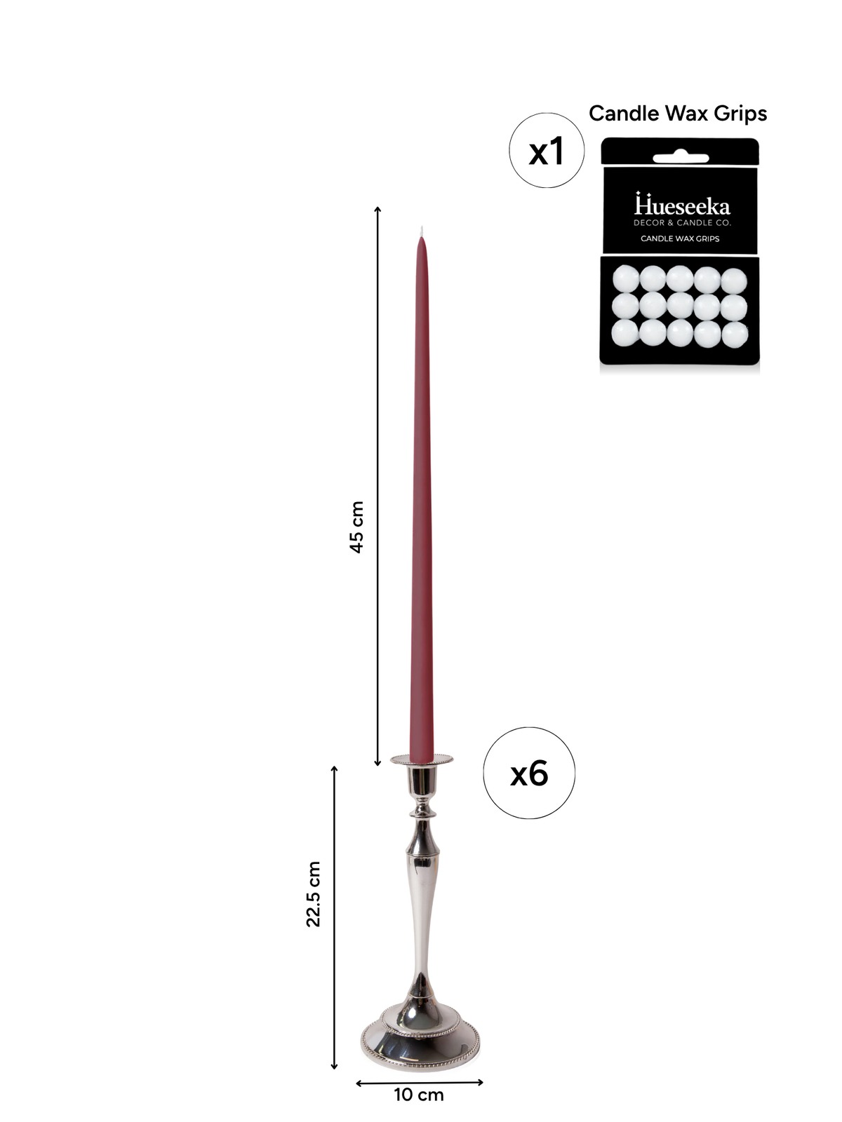 Burgundy 45cm Taper Candles with Medium Antique Silver Juliette Candle Holders - Set of 6