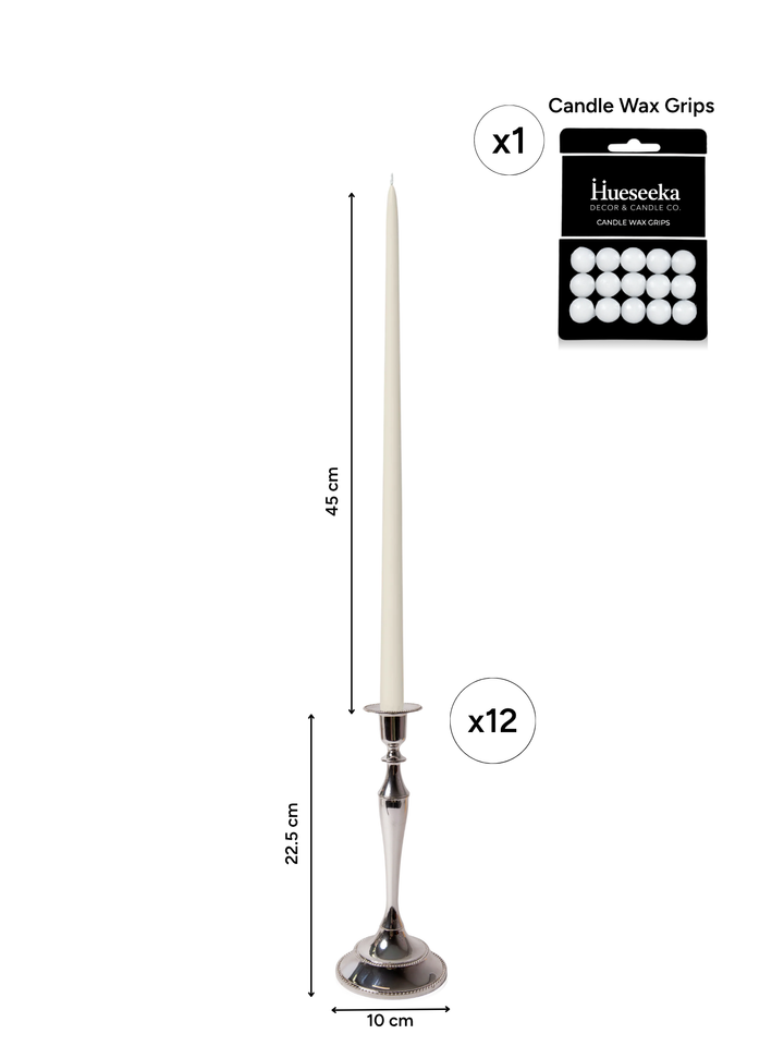 Ivory 45cm Taper Candles with Medium Antique Silver Juliette Candle Holders - Set of 6 Pack of 6