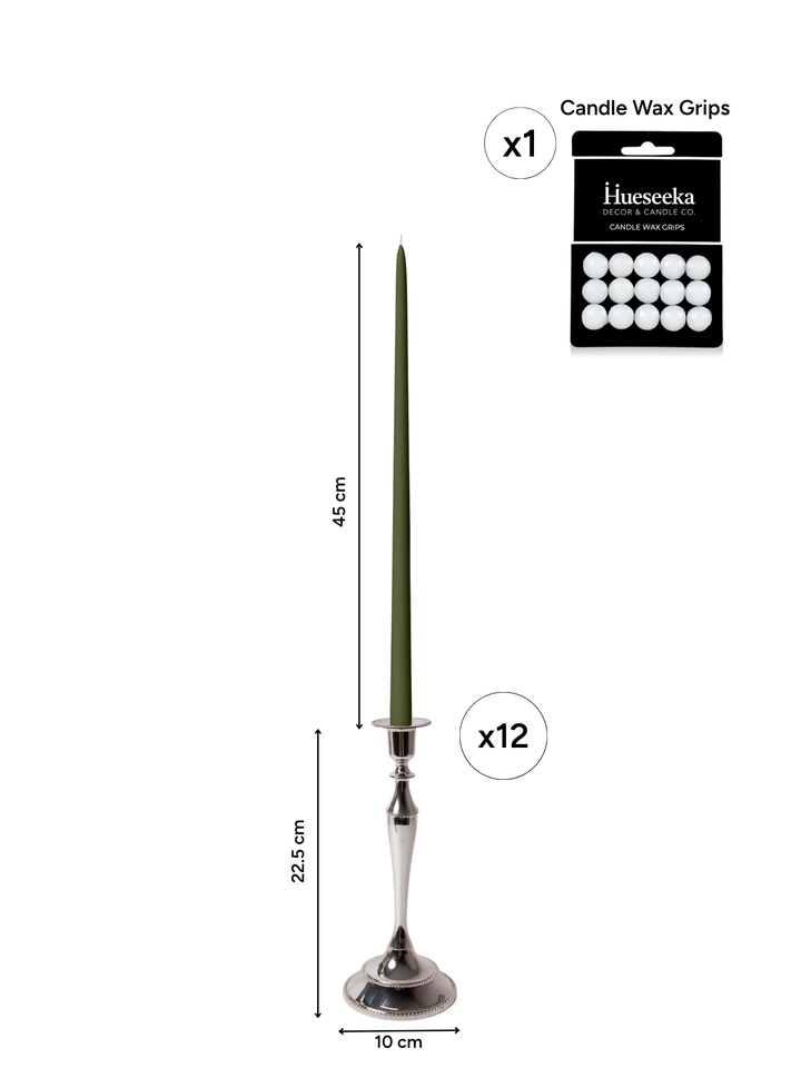 Olive 45cm Taper Candles with Medium Antique Silver Juliette Candle Holders - Set of 6 Pack of 6
