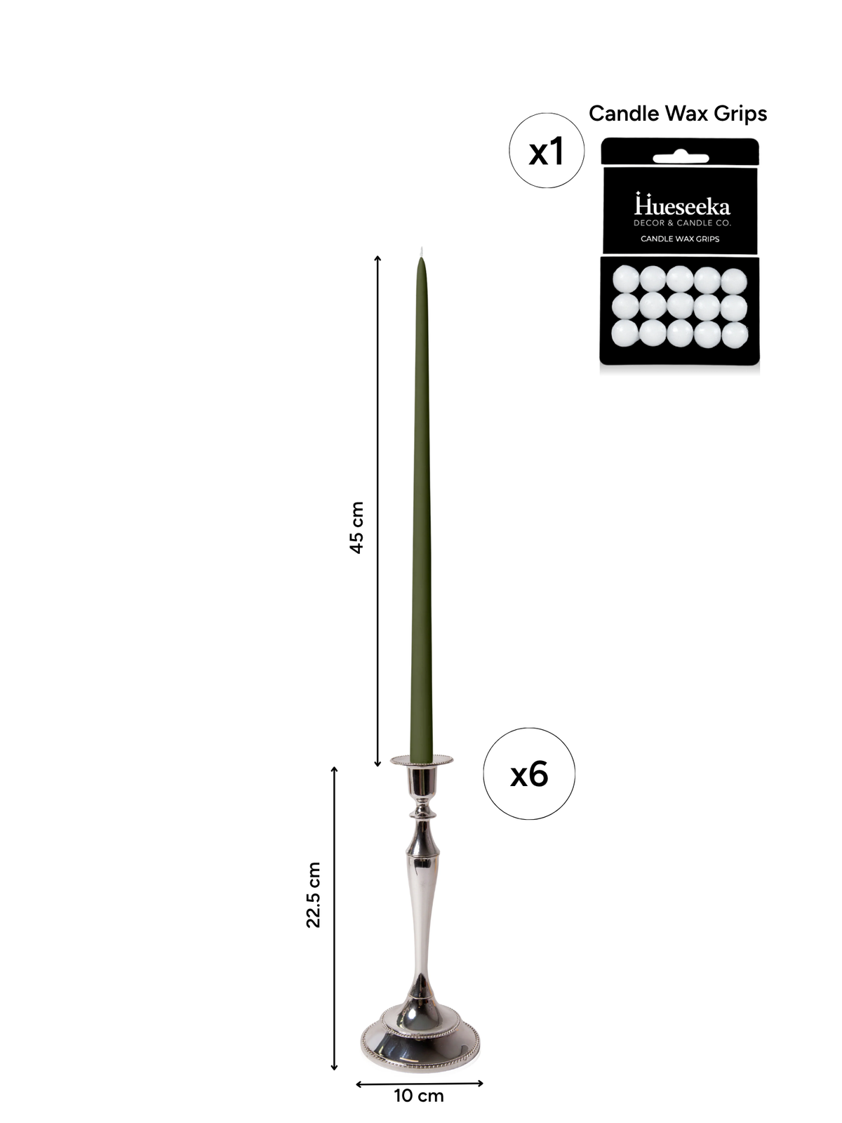 Olive 45cm Taper Candles with Medium Antique Silver Juliette Candle Holders - Set of 6