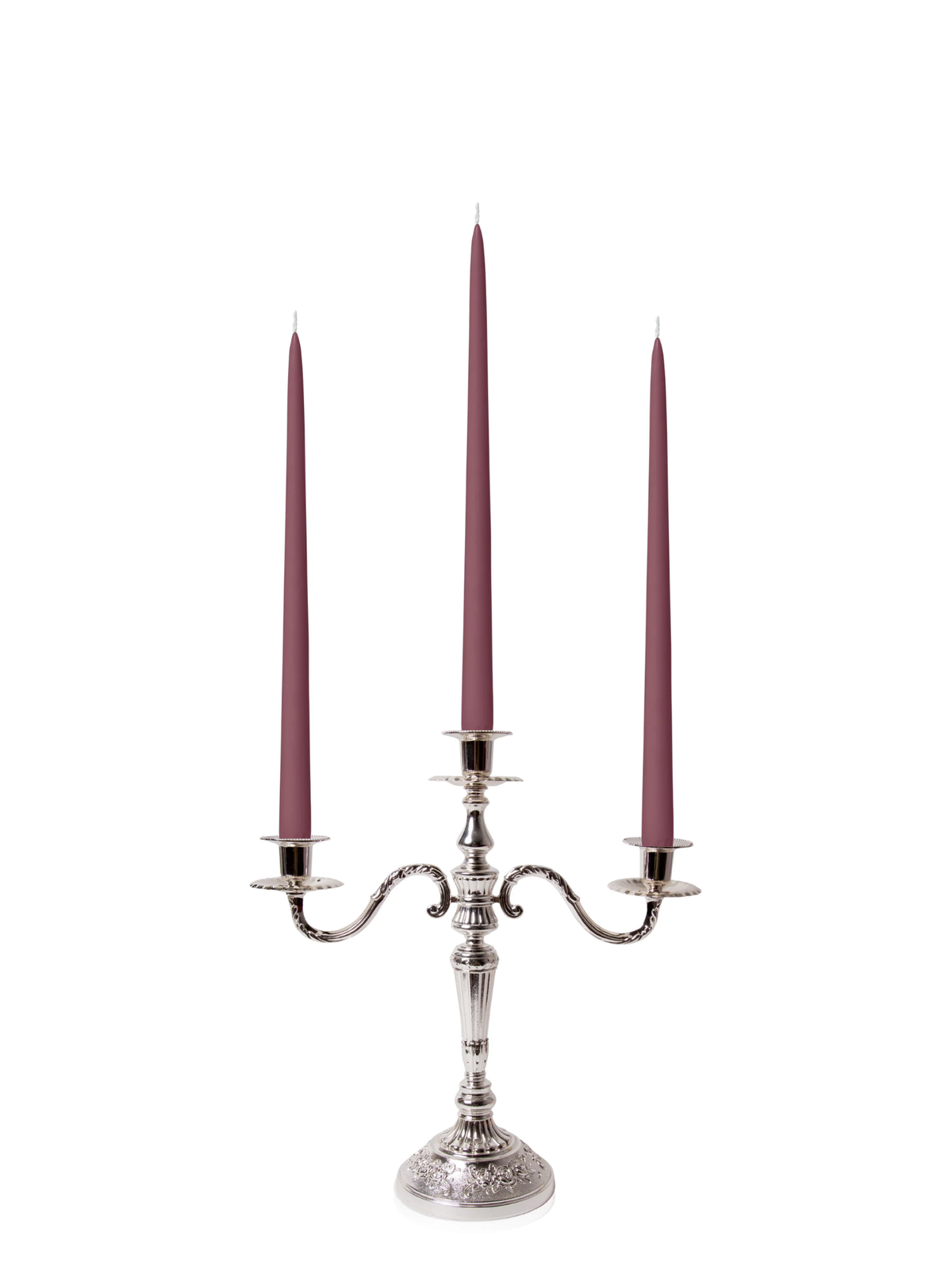 Burgundy 35cm Taper Candles with Antique Silver Penelope 3-Arm Candelabra - Set of 4