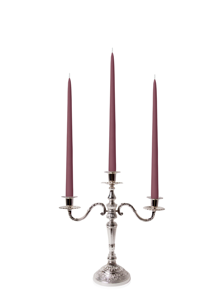 Burgundy 35cm Taper Candles with Antique Silver Penelope 3-Arm Candelabra - Set of 4