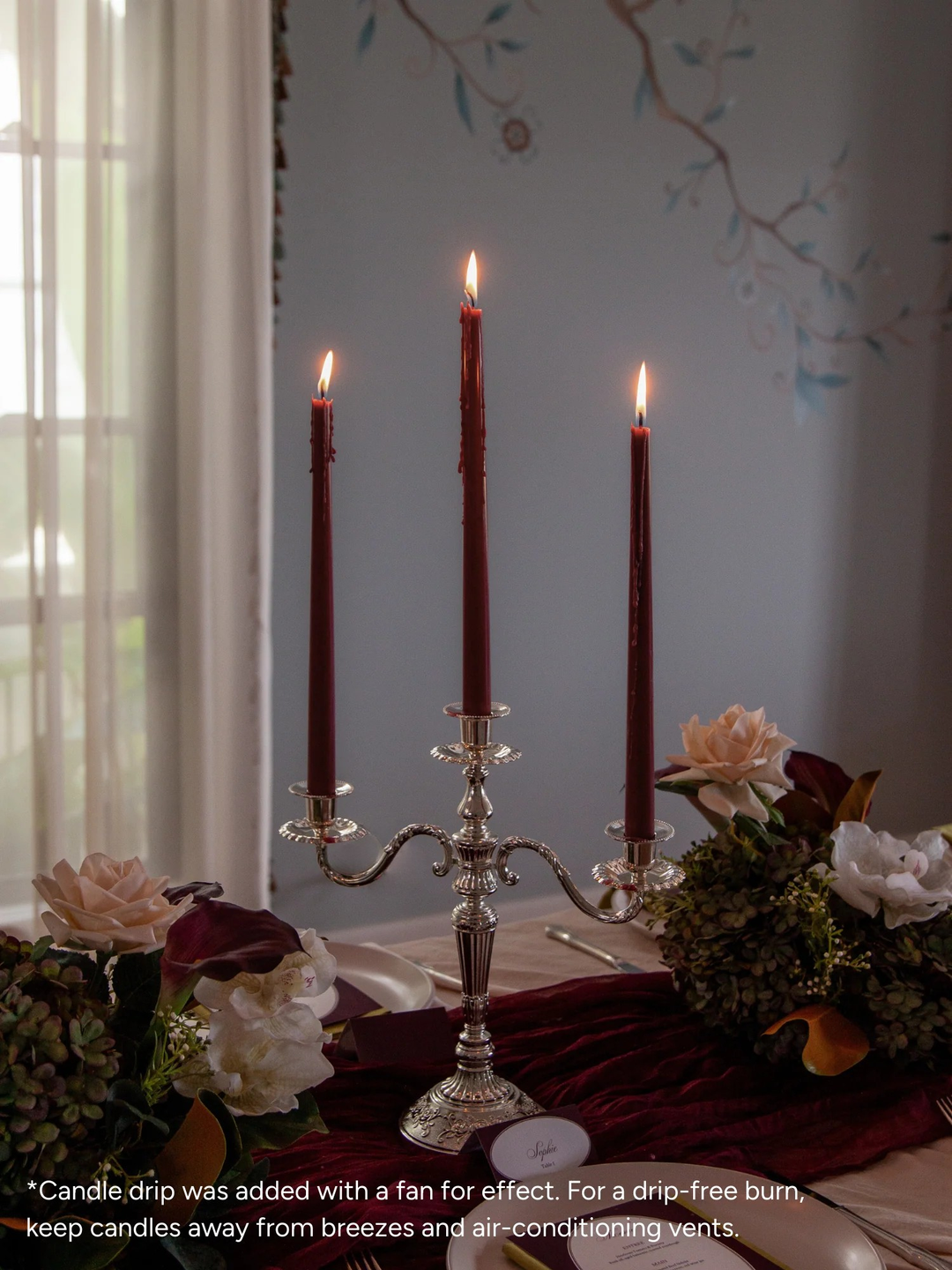 Burgundy 35cm Taper Candles with Antique Silver Penelope 3-Arm Candelabra - Set of 4
