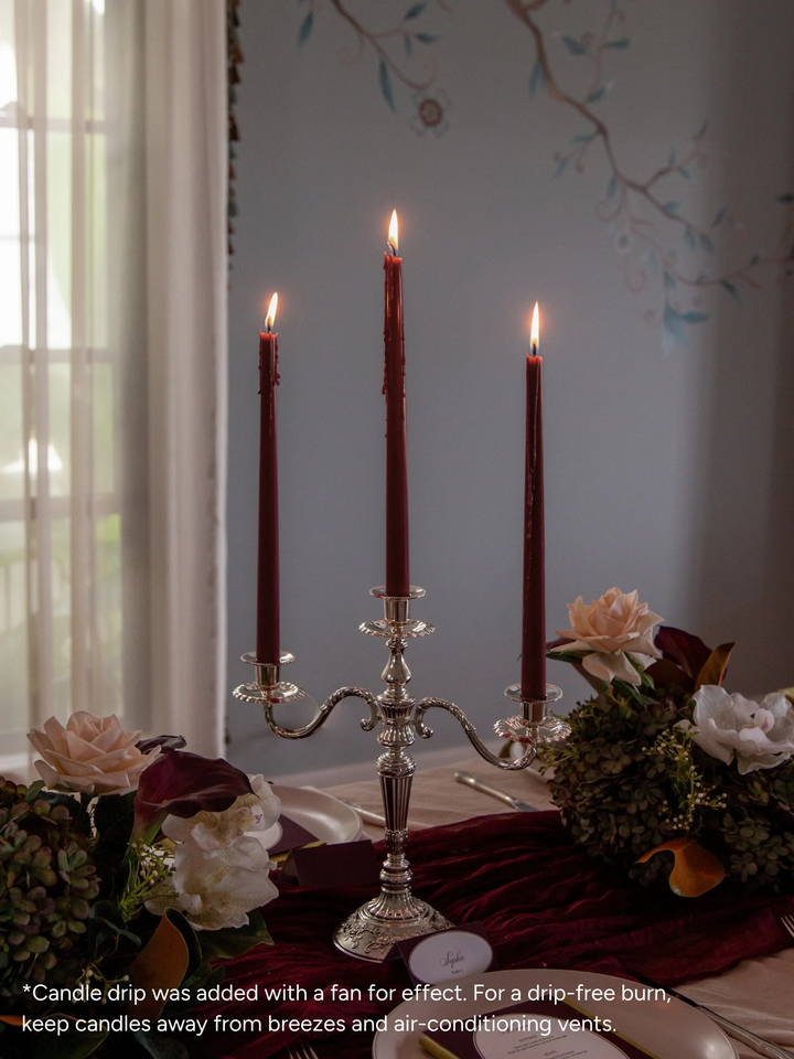 Burgundy 35cm Taper Candles with Antique Silver Penelope 3-Arm Candelabra - Set of 4