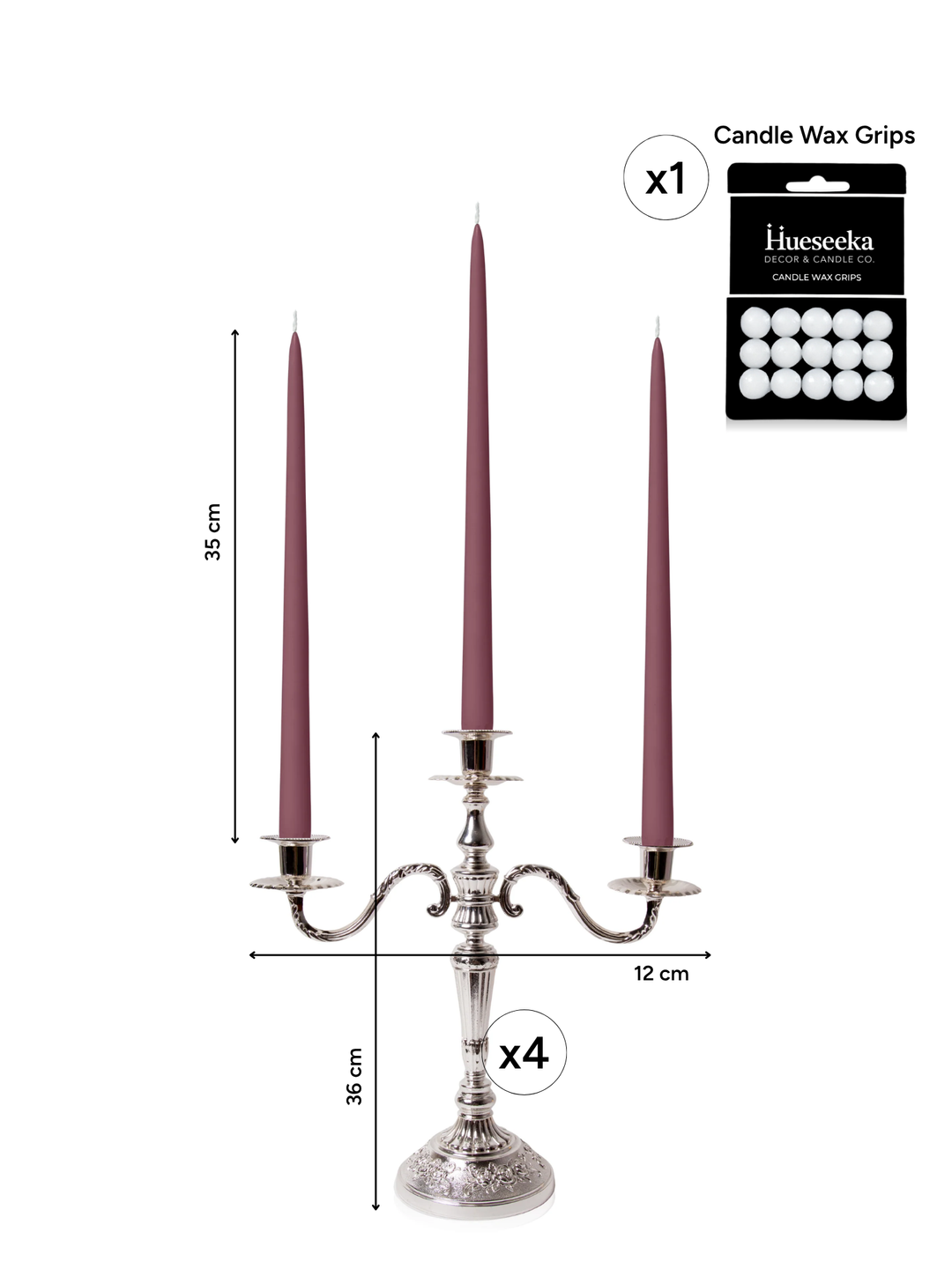 Burgundy 35cm Taper Candles with Antique Silver Penelope 3-Arm Candelabra - Set of 4