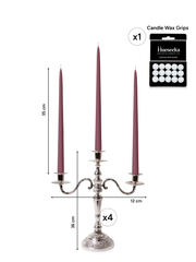 Burgundy 35cm Taper Candles with Antique Silver Penelope 3-Arm Candelabra - Set of 4