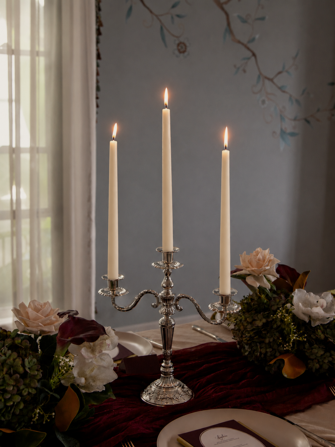 Ivory 35cm Taper Candles with Antique Silver Penelope 3-Arm Candelabra - Set of 4