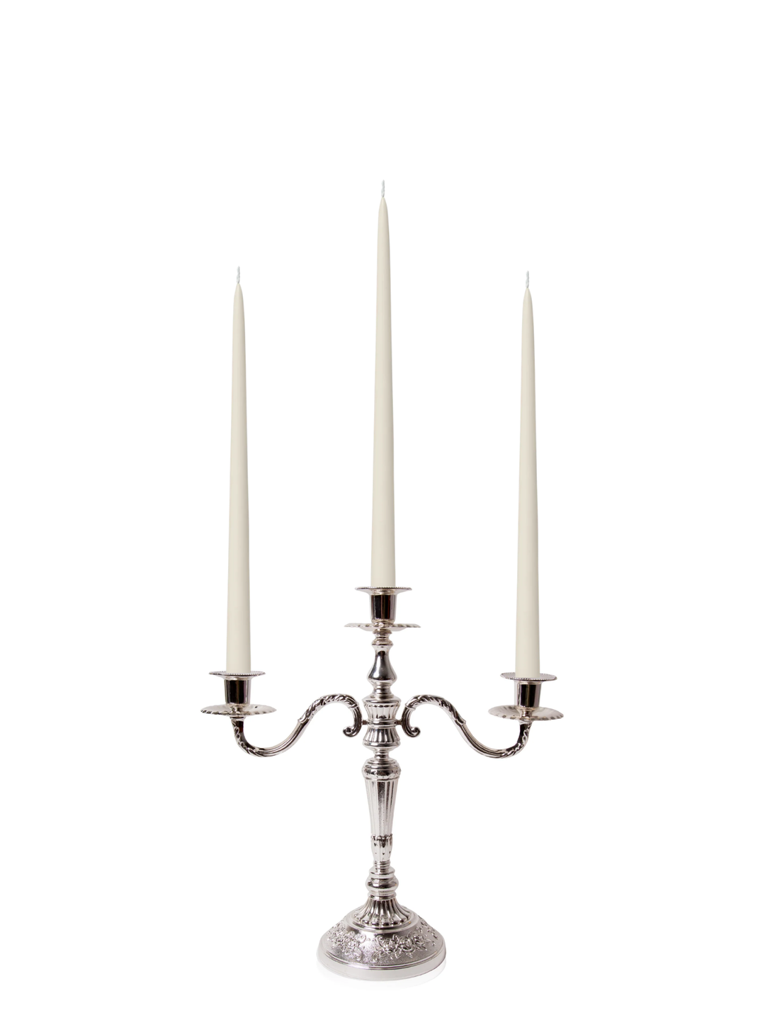 Ivory 35cm Taper Candles with Antique Silver Penelope 3-Arm Candelabra - Set of 4