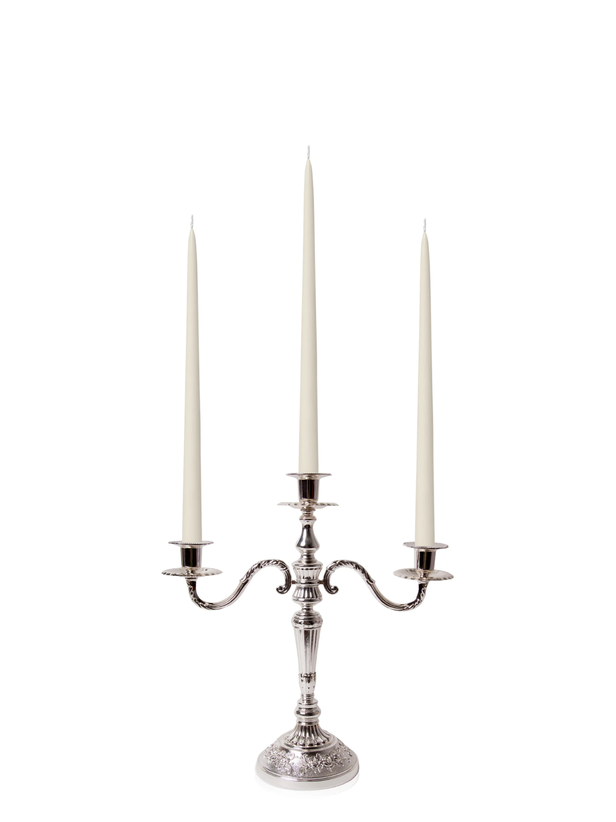 Ivory 35cm Taper Candles with Antique Silver Penelope 3-Arm Candelabra - Set of 4