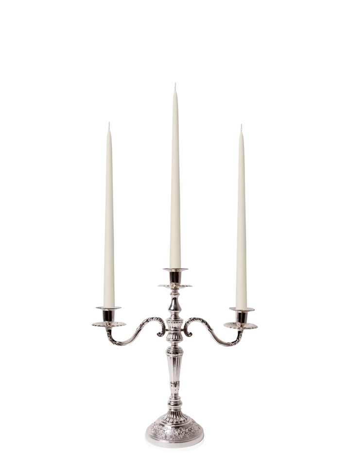 Ivory 35cm Taper Candles with Antique Silver Penelope 3-Arm Candelabra - Set of 4