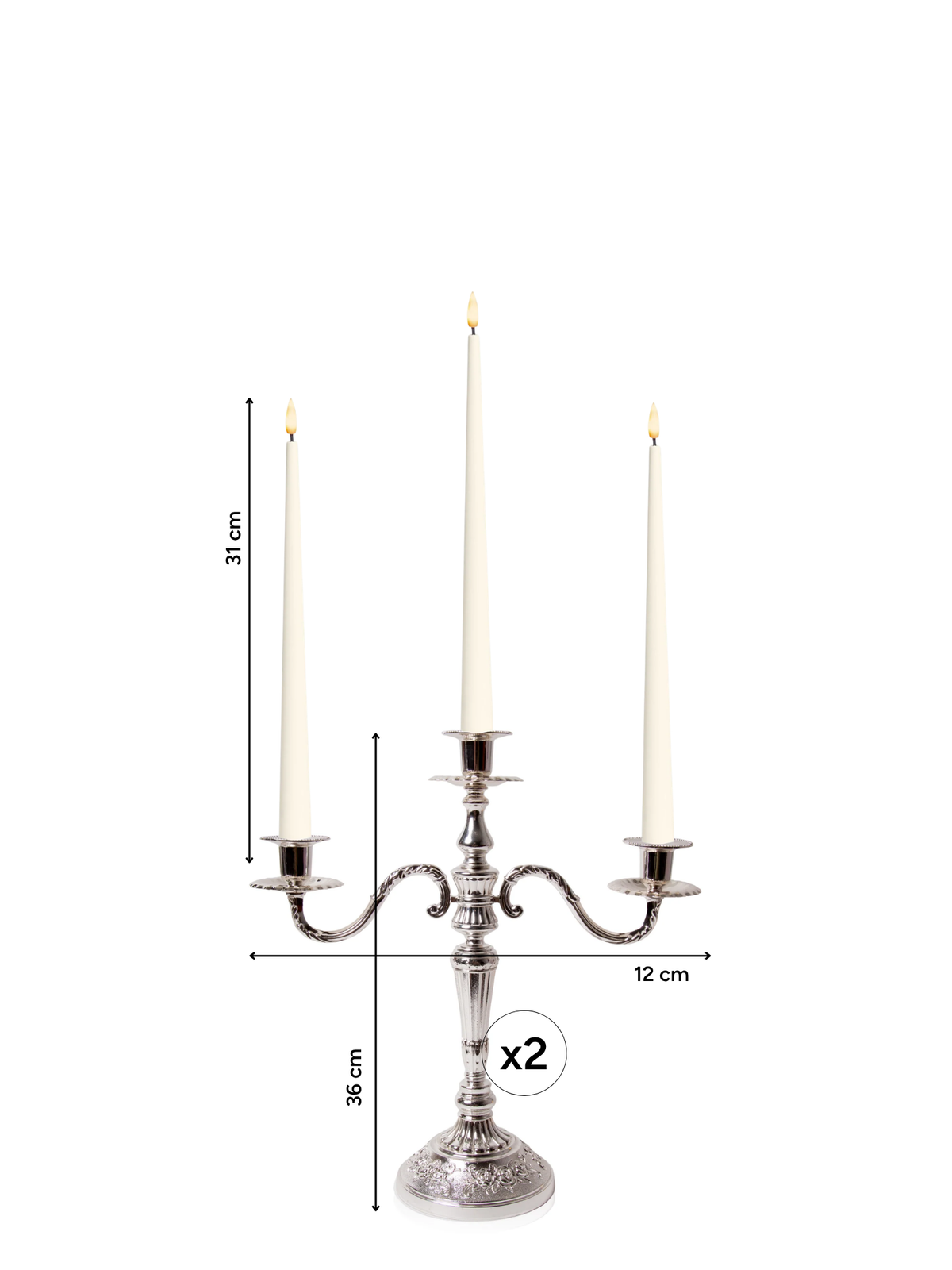 Ivory 31cm LED Taper Candles with Antique Silver Penelope 3-Arm Candelabra - Set of 2