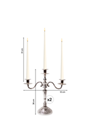 Ivory 31cm LED Taper Candles with Antique Silver Penelope 3-Arm Candelabra - Set of 2