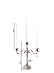 White 31cm LED Taper Candles with Antique Silver Penelope 3-Arm Candelabra - Set of 2