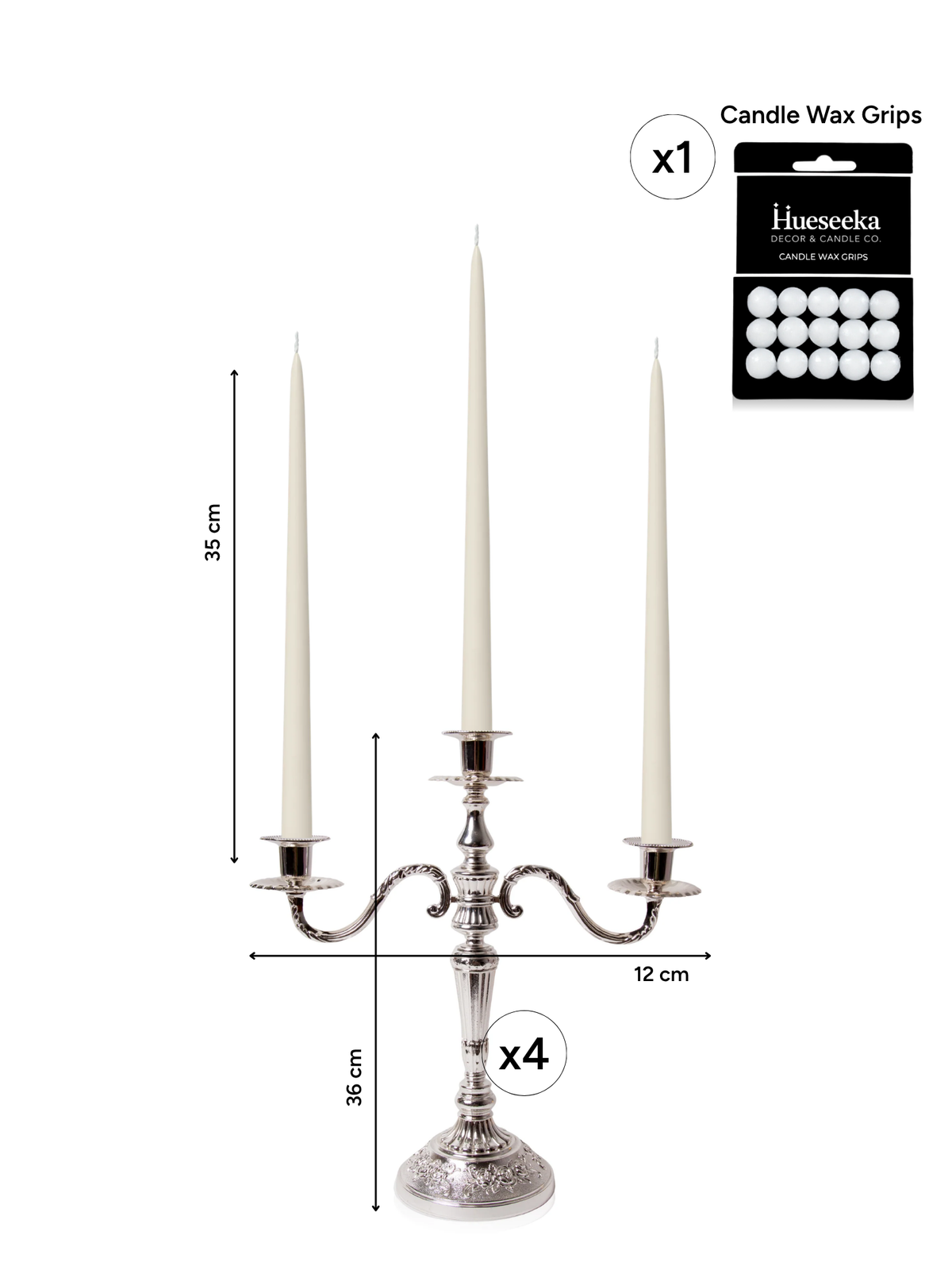 Ivory 35cm Taper Candles with Antique Silver Penelope 3-Arm Candelabra - Set of 4